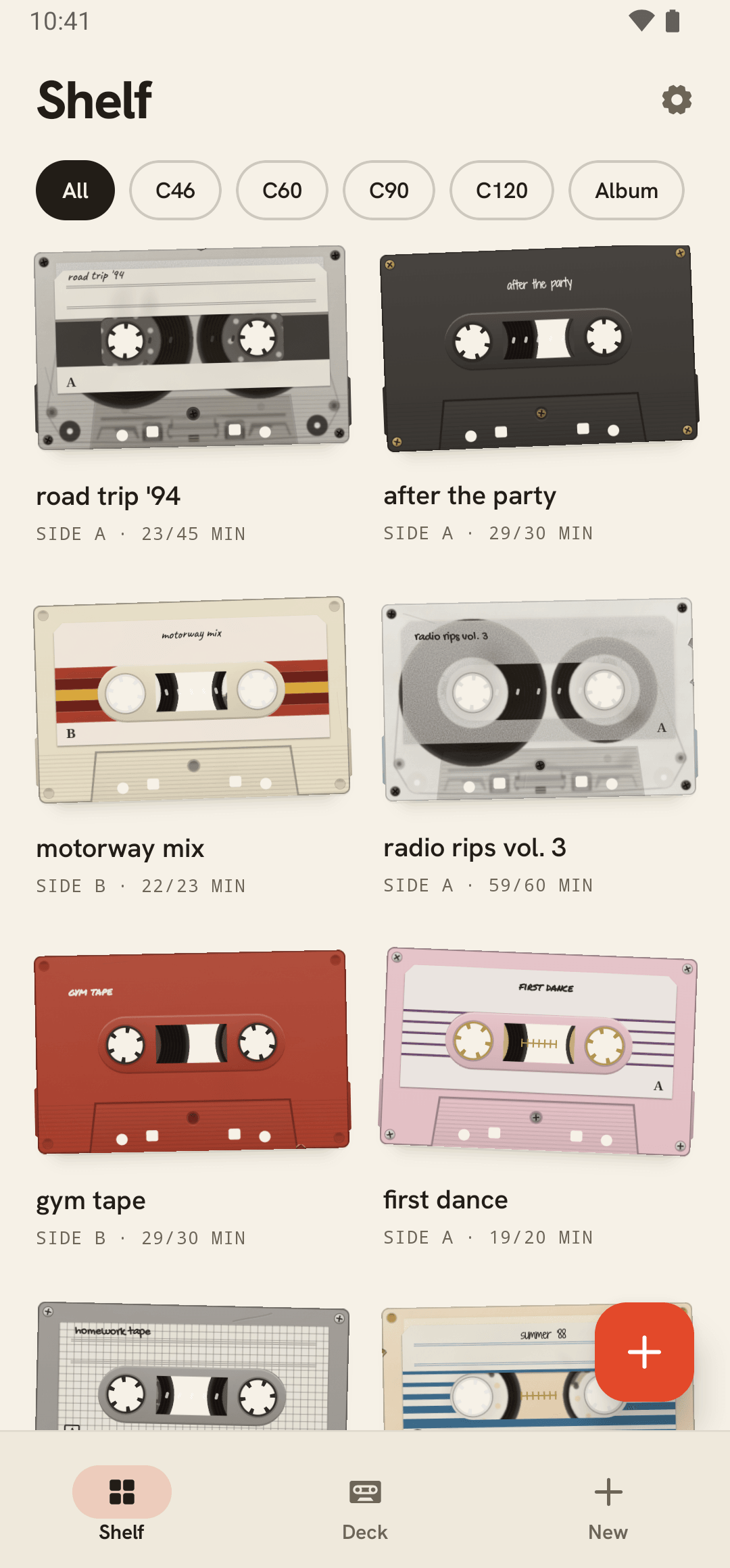 The shelf: a row of cassettes, each with a hand-written label